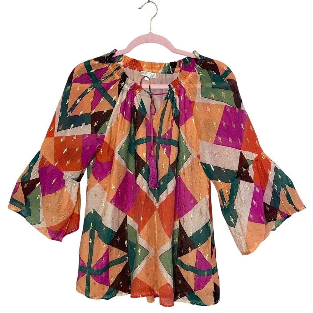 JADE By Melody‎ Tam Bell Sleeve Geometric Print Blouse, Small